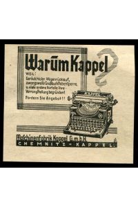 Werbeanzeige: Maschinenfabrik Kappel GmbH. , Chemnitz-Kappel. - 1934.   - Kappel Schreibmaschine.