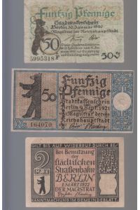 [Notgeld: 3 Serienscheine] 2*50 Pfennige Stadtkassenschein 1920 und 1921, 1*2 Mark 1922, Berlin.   - Berlin, 30. Januar 1920 - 9. Sept. 1921 - 1. März 1922.