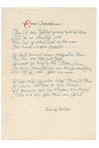 Autograph, kalligraphische Handschrift eines Gedichts von Karl Heinz Stauder. (d. i. Thomas Regau, Mediziner und Schriftsteller (1905 - 1969)  - Einem Gestorbenen 1 ganze Seite in Tinte mit roter Initiale.