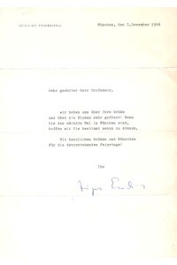 Maschinenschriftlicher kurzer Dankesbrief auf seinem persönlichen Briefpapier mit handschriftlicher Unterschrift vom 2. Dezember 1968.   - ( ...wir haben uns über Ihre Grüße gefreut...)