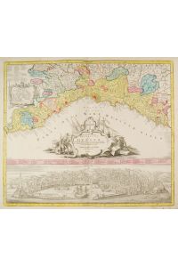 Lo Stato della Repubblica di Genova. Karte der Republik, darunter große Gesamtansicht vom Meer aus (13 x 56 cm).