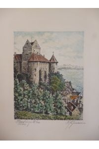 orig. Farb-Radierung Meersburg a. Bodensee - Blick auf Schloss und See