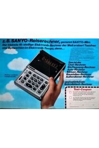 Werbeblatt SANYO Elektronik-Rechner erobern Schreibtische, Autos, Flugzeuge und Sympathien.