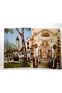 Otterswang - Bad Schussenried. Pfarrkirche Sankt Oswald. 2 x Alte Ansichtskarte / Postkarte farbig, ungel. ca 70ger Jahre ?. Kirchen Innen- u. Aussenansicht.