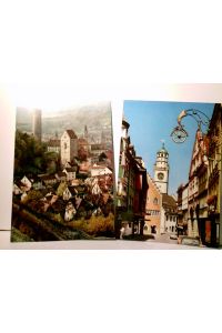 Ravensburg / Oberschwaben. 2 x Alte Ansichtskarte / Postkarte farbig, ungel. , ca 70 / 80ger Jahre. 1 x Marktstraße mit Blaserturm. 1 x Blick über die Dächer der Stadt.