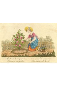 Eine junge Frau mit einem Strohhut kniet vor einem Rosenstock in einem Garten.