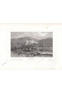 Romantische Ansicht mit alter Brücke, Neckar und Schloß im Vordergrund. Original - Stahlstich (anonym), 10, 5 x 15 cm, 1835.