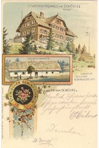 Gruss vom Schöckel.   - Potpourri-Ansichtskarte mit 3 Bildern: Stubenberghaus am Schöckel 1446 m.; Semriacherhütte; Abzeichen des Steirischen Gebirgsvereins.