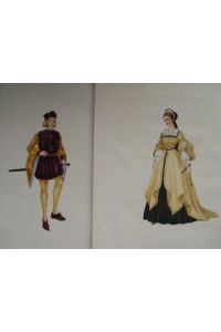 Mode Französische Renaissance 2 Aquarelle Höfling und Hofdame, um 1820