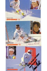 MARINA KIEHL. Deutsche Skisportlerin. Goldmedaillengewinnerin bei den Olympischen Spielen 19888, Weltcupsiegerin, Deutsche Meisterin. 3 handschriftlich signierte Autogrammkarten, 2 mit zusätzlicher Widmung.