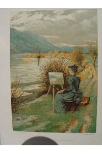 Malerin Freilicht malen modische junge Frau vor der Staffelei Lithographie v. Sterl um 1880
