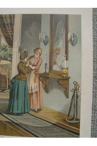 Interieur Diele. Eine Dame wird zum Stadtgang herausgeputzt Lithographie um 1880
