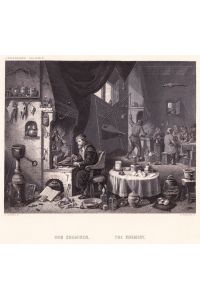 Berufsdarstellung :  Der Chemiker . Stahlstich von W. French nach Teniers um 1840. 13 x 16, 5 cm.