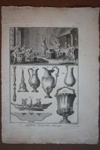 Goldschmied / Silberschmied -  Orfevre Grossier . Komplette Folge von 12 Kupferstichen aus der Enzyklopädie von Diderot und d'Alembert, Panckouke-Ausgabe, um 1780. Je ca. 22 x 16 cm. (1 Doppelblatt 23 x 34 cm. ).