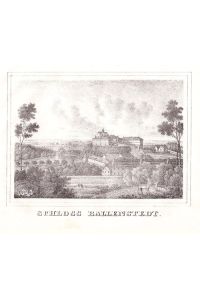 Ballenstedt -  Schloss Ballenstedt . Blick aus halber Höhe ( vom Tiergarten ) auf Schloß und Ort, vorn rechts 2 Hirsche. Anonyme Lithographie um 1840. Reine Bildgröße : 6, 5 x 9, 7 cm. - Selten.