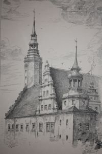 Brieg / Mittelschlesien - Rathaus. Architektonische Teilansicht. Holzstich nach C. Sutter, datiert 1887. Reine Bildgröße : 35 x 23 cm. Blattgröße : 39 x 26 cm.