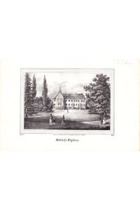 Eythra bei Zwenkau - Ansicht des Schlosses vom Park aus, im Vordergrund elegante Spaziergänger. Lithographie von C. Müller nach G. Täubert um 1840. Reine Bildgröße : 11, 5 x 17 cm.