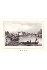 Trebsen bei Grimma - Ansicht des Schlosses von der Mulde aus, im Vordergrund Fähre. Anonyme Lithographie aus Saxonia um 1840. Reine Bildgröße : 11, 5 x 18 cm.