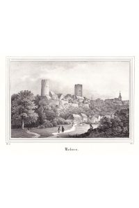 Kohren-Sahlis - Ansicht der Burgruine mit Ansicht des Ortsteiles Kohren, im Hintergrund die Kirche. Anonyme Lithographie aus Saxonia um 1840. Reine Bildgröße : 12 x 17, 5 cm.