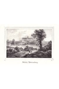Hubertusburg bei Wermsdorf - Ansicht des Schlosses, im Vordergrund ländliches Paar. Anonyme Lithographie aus Saxonia um 1840. Reine Bildgröße : 11, 5 x 17, 5 cm.