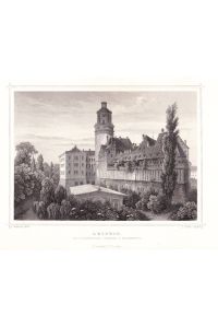 Leipzig -  Die Pleissenburg. Caserne und Sternwarte  (heute Neues Rathaus). Stahlstich von Oeder nach Rohbock um 1850. Reine Bildgröße : 11 x 15, 5 cm.