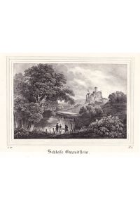 Gnandstein bei Frohburg - Ansicht des Schlosses, im Vordergrund Jäger. Anonyme Lithographie aus Saxonia um 1835. Reine Bildgröße : 11, 5 x 12, 5 cm.