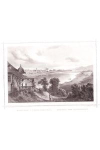 KOMORN / KOMARNO -  Komorn vom Sandberge . Ansicht über die Donau, im Vordergrund Villa mit weinumrankter Laube. Stahlstich von J. Riegel nach L. Rohbock um 1860. Reine Bildgröße : 10, 3 x 15, 6 cm.