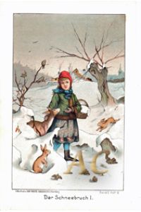 Mädchen mit Tieren im Schnee Original Chromolithographie 1892 Lithography