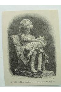Mädchen spielt mit Katze Katzenmutter Holzstich um 1880