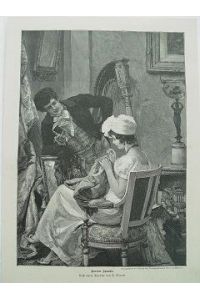 Elegante Dame mit Kavalier bei der Stickarbeit Sticken Handarbeiten Holzstich um 1890