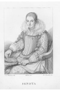 Porträt. Frau. Halbfigur sitzend mit Fächer in der Hand. Stahlstich von de Fournier nach G. F. Douven, Bildgröße: 16 x 12 cm, Blattgröße: 38 x 26 cm.