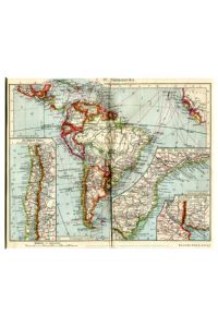 Landkarte Südamerika mit Beikarten - Farblithographie mit Keilschnitt-Passepartout