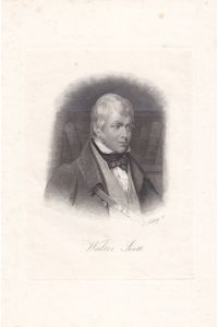 SCOTT, SIR WALTER (1771 Edinburgh - 1832 Abbotsford). Porträt. Brustbild nach halblinks vor Bücherbord. Kupferstich von L. Sichling um 1835. Plattengröße : 16, 5 x 12 cm.
