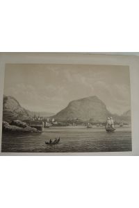 Bergen Norwegen Norge Gesamtansicht mit Hafen Segelschiffe große getönte Lithographie um 1850