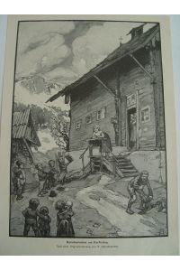 Ratschenbuben am Karfreitag Brauchtum Holzstich nach Arpad Schmidhammer um 1900
