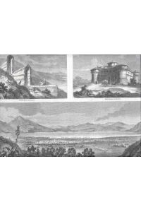 Der Fuciner See. 3 Ansichten auf einem Blatt. Zeigt: 1. Große Gesamtansicht des Sees mit einem Ort im Vordergrund. 2. Römische Ruinen. 3. Schloß Avezzano.
