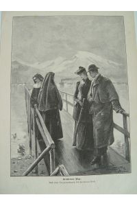 Nonnen und ein elegant gekleidetes Paar am Dampfersteg. Holzstich um 1890