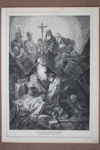 Judenverfolgung, Aus der Zeit der spanischen Judenverfolgung, Holzstich um 1880 nach einem Gemälde von M. v. Zichy, Blattgröße: 31 x 22 cm, reine Bildgröße: 28, 5 x 19, 5 cm.