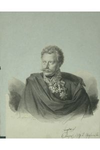 Portrait. Brustfigur in Uniform mit zahlreichen Orden. Lithographie von Franz Seraph Hanfstaengl. Der Bildbereich ausgeschnitten und alt auf dünnes Papier aufgelegt.