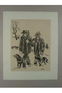 Heimkehrender Jäger mit Holzhacker in Schneelandschaft.