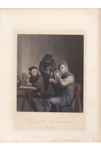 Die Rauchgesellschaft, The smoking Club, altkolorierter Stahlstich um 1850 von Carsle nach Brouwer, Blattgröße: 26, 8 x 20, 2 cm, reine Bildgröße: 20 x 14, 5 cm.
