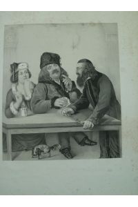 Wirt mit Zechkarte. Ein Paar trinkt Wein. Schoßhund unterm Tisch, Lithographie um 1840