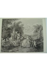 Galantes Rokoko. Reizendes Gartenfest mit vielen Personen. Französischer Stahlstich um 1835