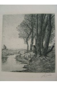 Signierte Künstler Radierung Schafherde mit Hirte am Fluß; Dörr um 1930