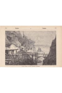 Bergbau, Kupfer- und Zinkmine Providence in Cornwallis, Holzstich um 1880 mit Blick auf Minenzugang und Meer, Blattgröße: 14, 5 x 21, 5 cm, reine Bildgröße: 12 x 17, 5 cm.