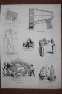 Baumwolle, Cotton, Spinnerin, Holzstich um 1845 mit 7 Einzelabbildungen, Blattgröße: 35 x 25, 5 cm, reine Bildgröße: 31 x 22, 5 cm.