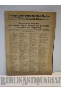 Beilage zum Verkehrsplan Berlin.   - Berliner Adreßbuch 1939. Alphabet. Verzeichnis der Straßen, Plätze, Brücken u. Bahnhöfe von Berlin u. Umgebung.