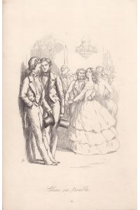 Ball, Clive in Trouble, Druckgraphik um 1850 mit zwei Herren im Gespräch und einem tanzenden Paar im Hintergrund, Blattgröße: 20 x 13 cm, reine Bildgröße: 15 x 10 cm.