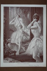 Im Boudoir der Ballerina, Holzstich um 1890 von Edmund Brüning, Blattgröße: 35, 5 x 26, 2 cm, reine Bildgröße: 33 x 23 cm.