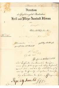 Brief mit eigh. Unterschrift von Roller und eigh. mehrzeilige Antwort mit Unterschrift von Fischer.   - Illenau 11. April 1866 und Pforzheim 14. April 1866